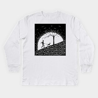 Dog walking linocut with golden sunset Kids Long Sleeve T-Shirt